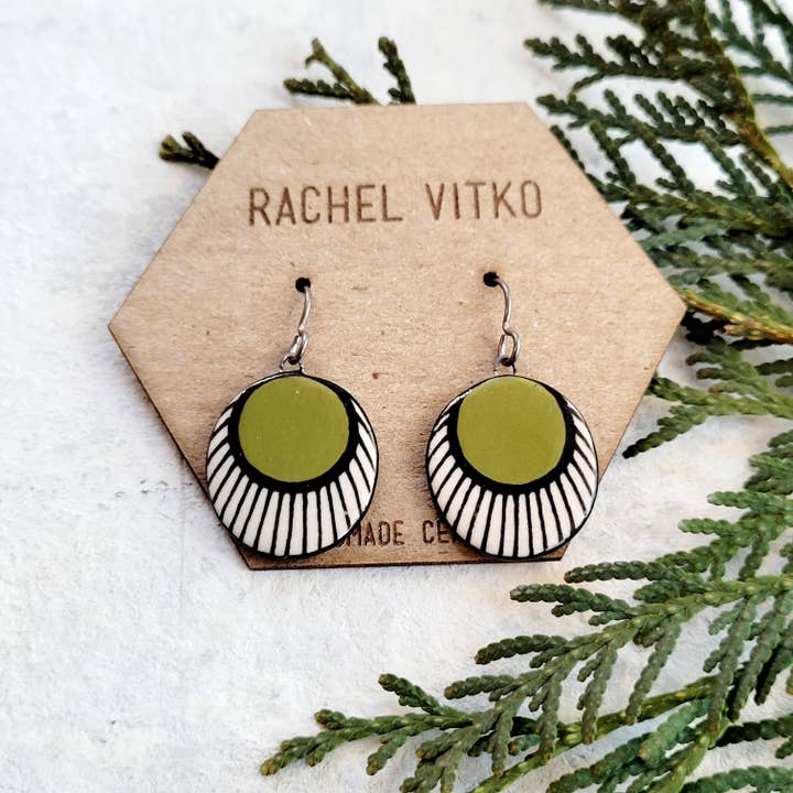 Hand painted (ON BOTH SIDES) ceramic dangle earrings. for wholesale by Rachel Vitko Pottery