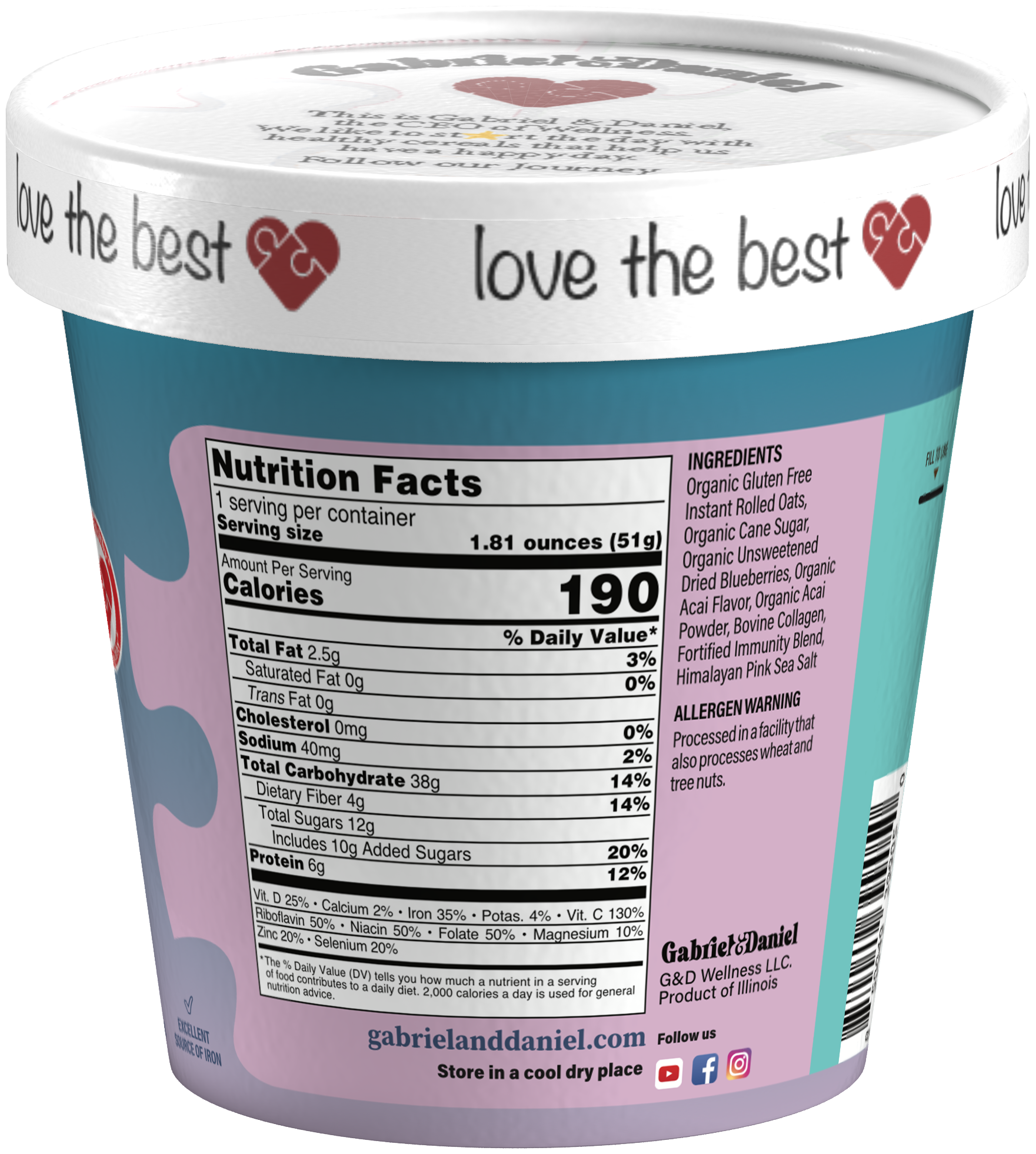 Gabriel & Daniel Wellness Oatmeals – wholesale Oats – Organic SS Instant Oatmeal Cup- Acai & Blueberries - 24 pack1