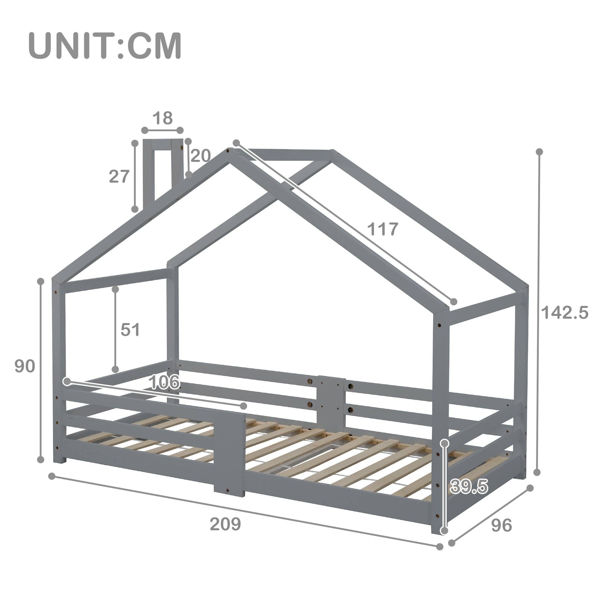 Urban Meuble - Vente Lit – enfant et bébé - Lit enfant lit cabane avec cheminée sommier à lattes robuste lit cabane en bois de pin gris, 90 x 200 cm sans matelas STRONS12