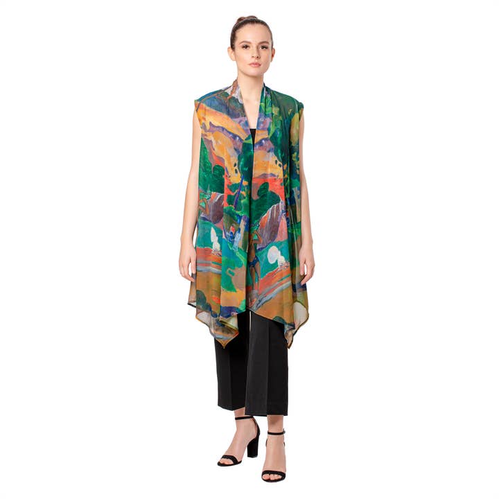 Galleria Enterprises - Wholesale Outerwear Vest - Women's - Gauguin Landscape with Peacocks Sheer Long Vest