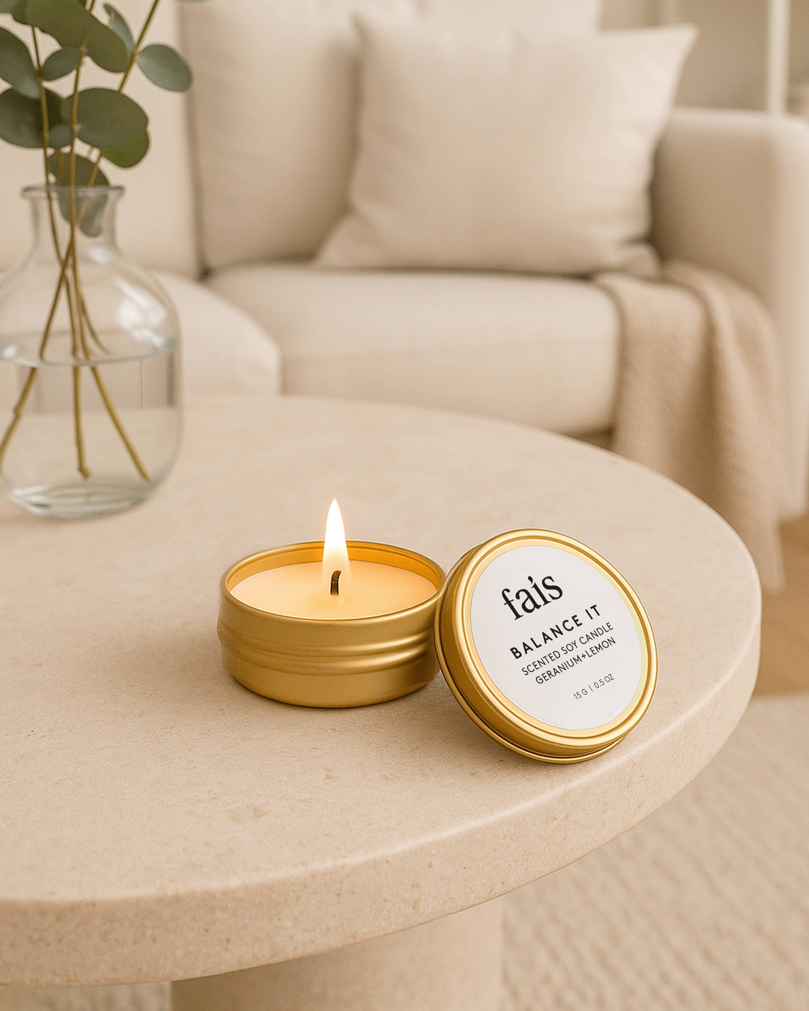 Fais – Velas de viagem por atacado – Velas de cera de soja com óleo essencial 10% para viagem, que queimam por 4 horas, em lata dourada3