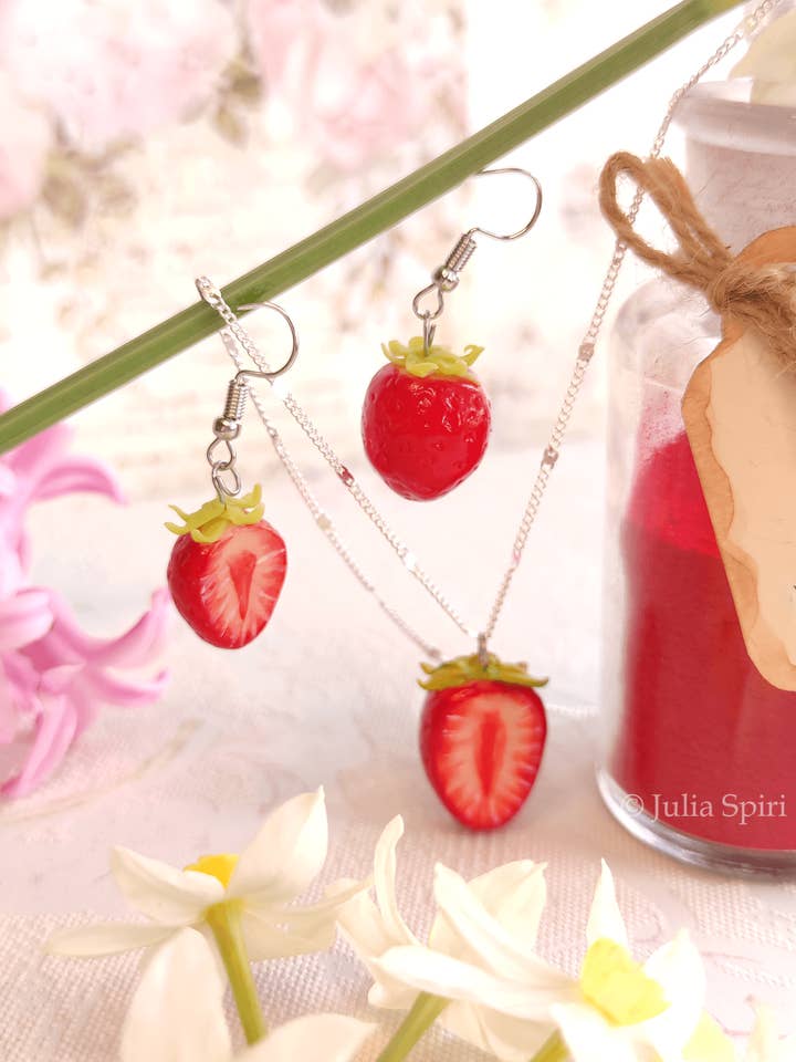 Handmade Polymer Clay Earrings and Necklace. Strawberry for wholesale by Julia Spiri