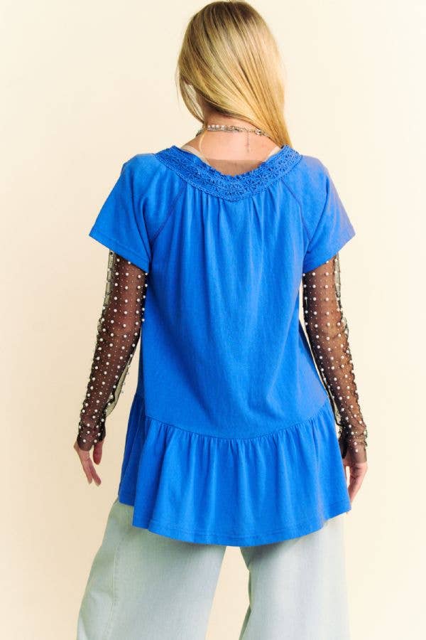 Davi & Dani - Vendita all'ingrosso Maglietta - Donna - TOP PEPLO A MANICHE CORTE CON SCOLLO IN PIZZO TINTA UNITA6