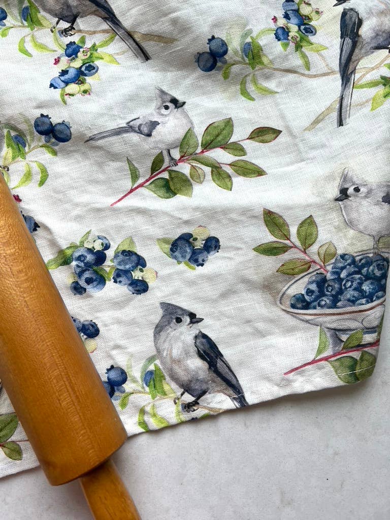 Kasey Melissa Art – wholesale Tea towel – Tufted Titmouse and Blueberries - Linen Tea Towel2