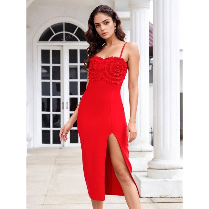 DR468 Luxurious Red 3D Flower Tube Top Dress with Side Slit for wholesale on Faire1