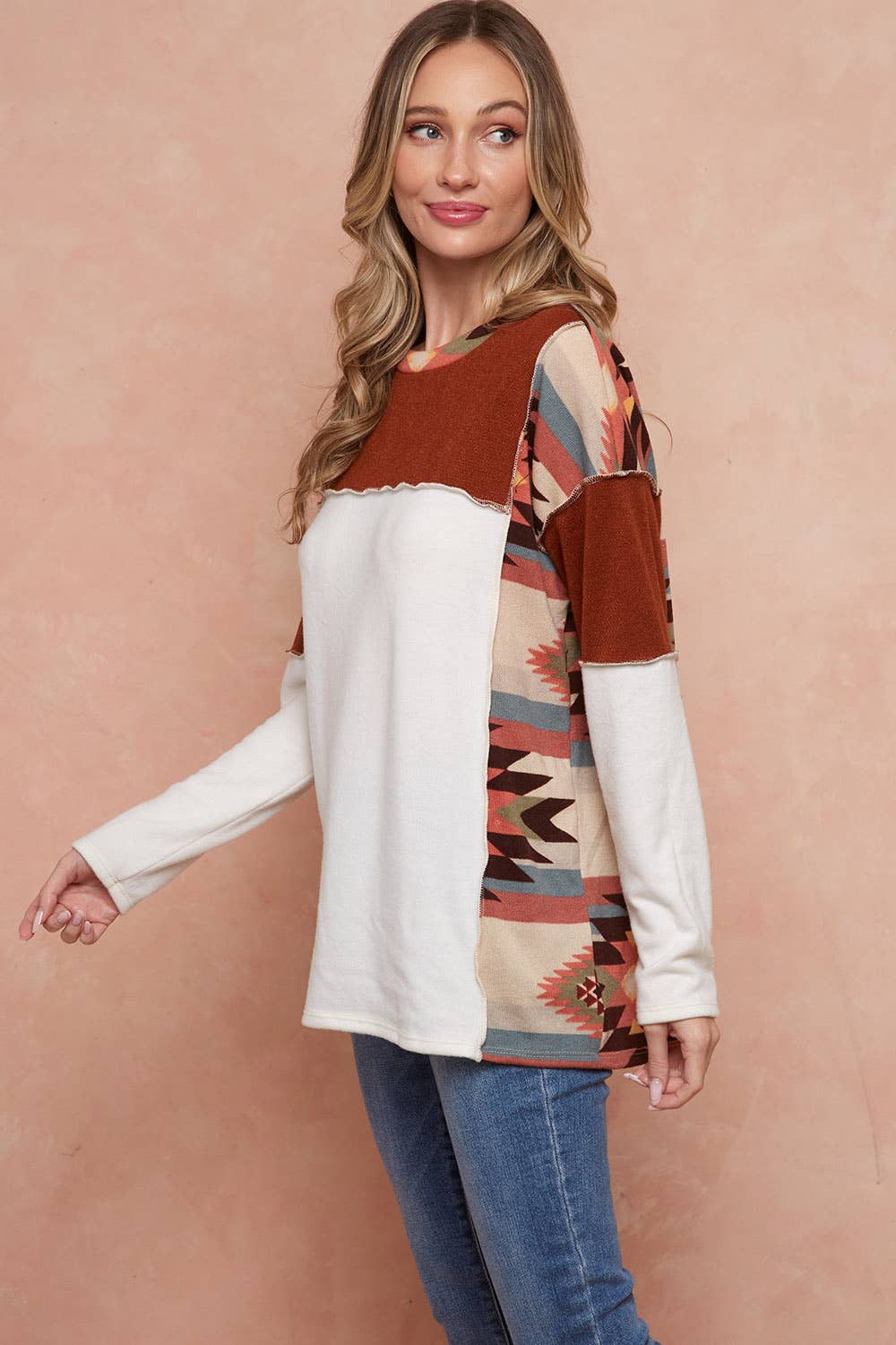 Moonshot Clothing - Wholesale Tunic - Women's - MST2977-DELFI AZTEC COLORBLOCK PULLOVER2