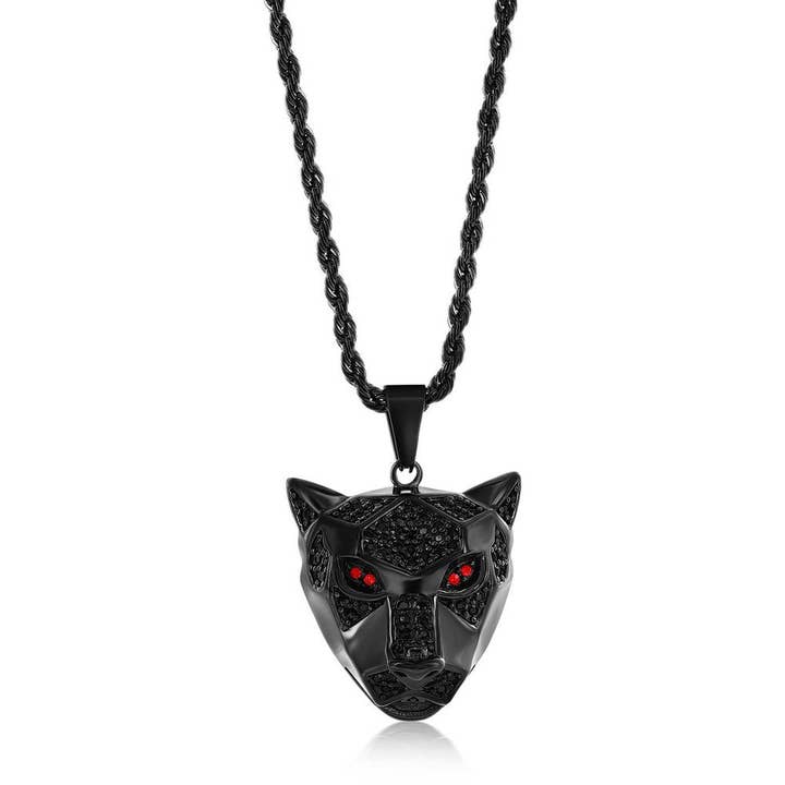 Stainless Steel Panther w/Ruby CZ Eyes Necklace for wholesale by Metallo