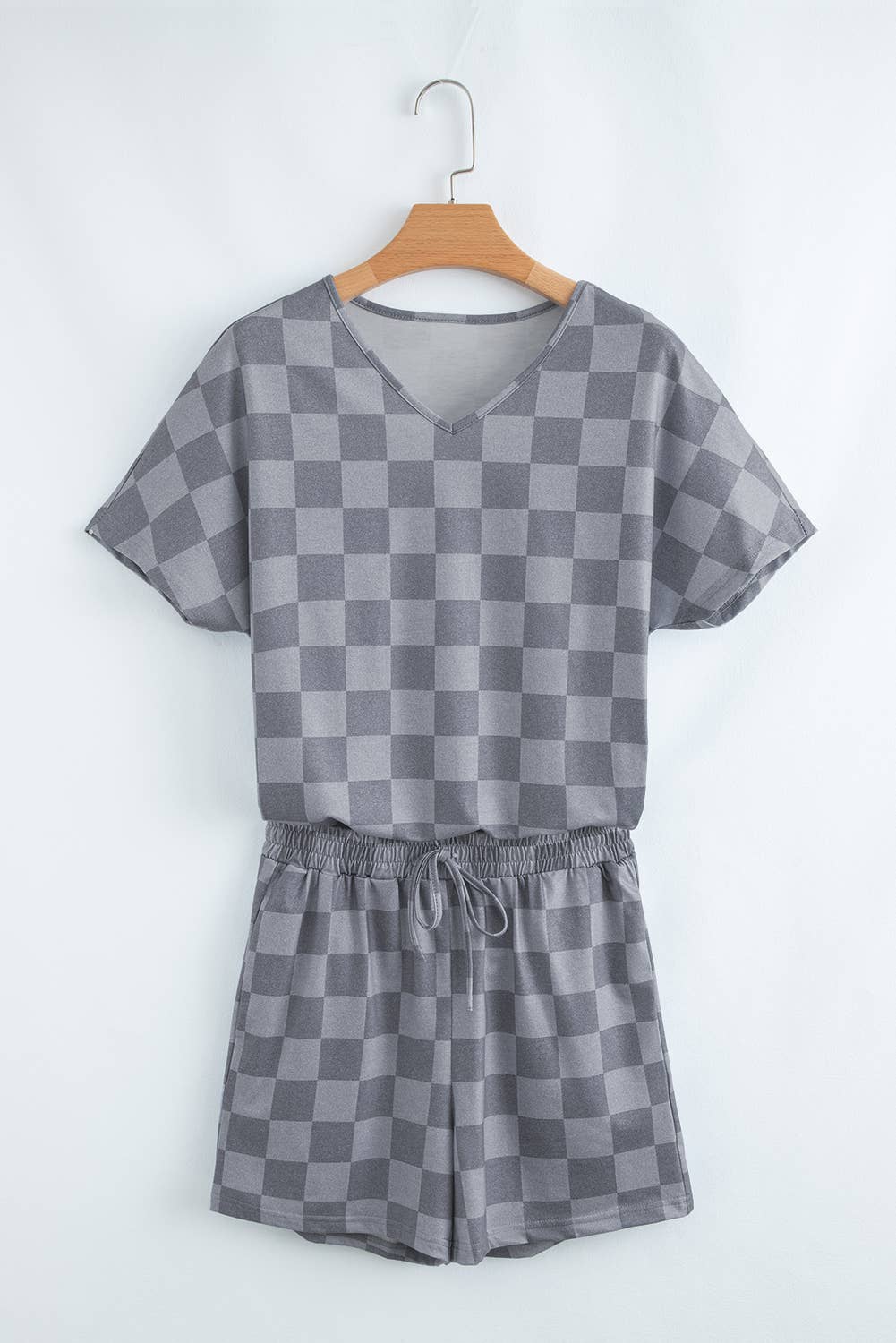 LA Society - Wholesale Lounge Set - Women's - Checkered V Neck Tee and Drawstring Shorts Lounge Set9