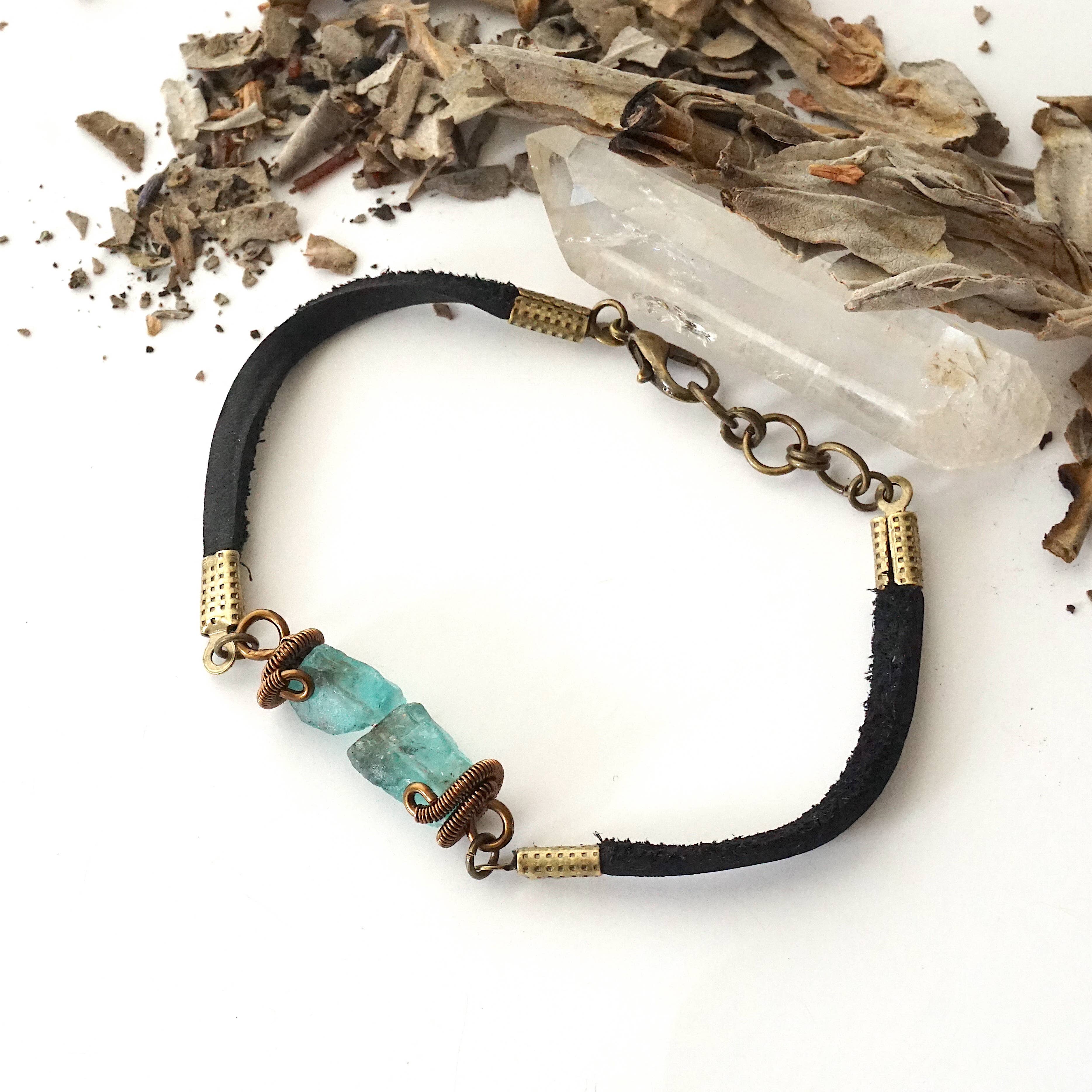 Raw Stone Elegance - Wholesale Charm/Dangle Bracelet - Raw Apatite Bracelet, Leather Jewelry, December Crystal2