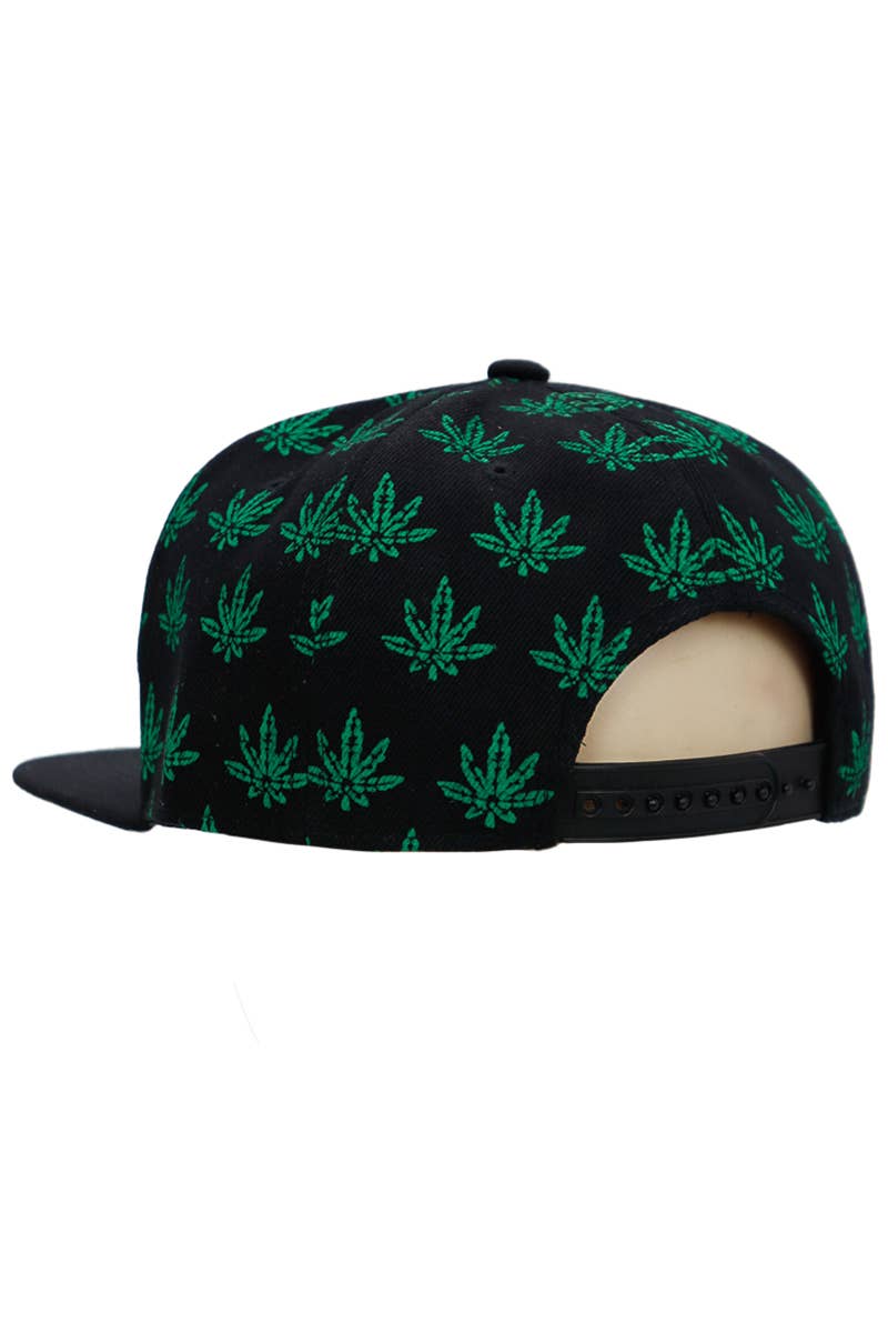 Cap Zone - Vendita all'ingrosso Cappellino con visiera piatta - Unisex - Snapback a sei pannelli in twill acrilico con stampa di foglie di marijuana2