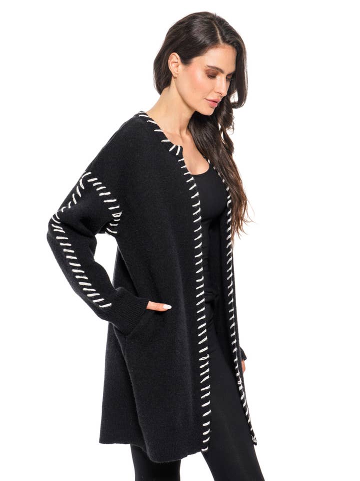 Adore - Wholesale Cardigan - Women's - L-34741 - Contrast Whipstitch Longline Cardigan – Black
