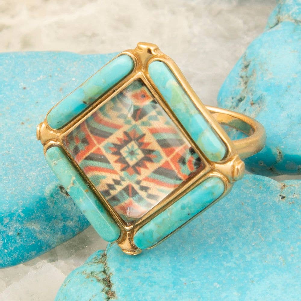 Barse Jewelry - Wholesale Cocktail/Statement Ring - Scenic Native Weave Blue Turquoise Golden Statement Ring3