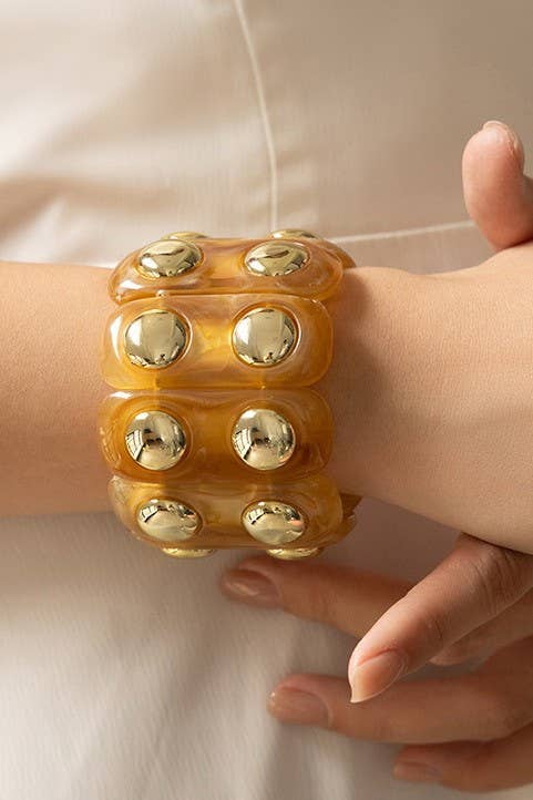JOSSLYN by wall to wall - Wholesale Beaded Bracelet - Color-Block Gold Acrylic Stretch Cord Bracelet | 40B51942