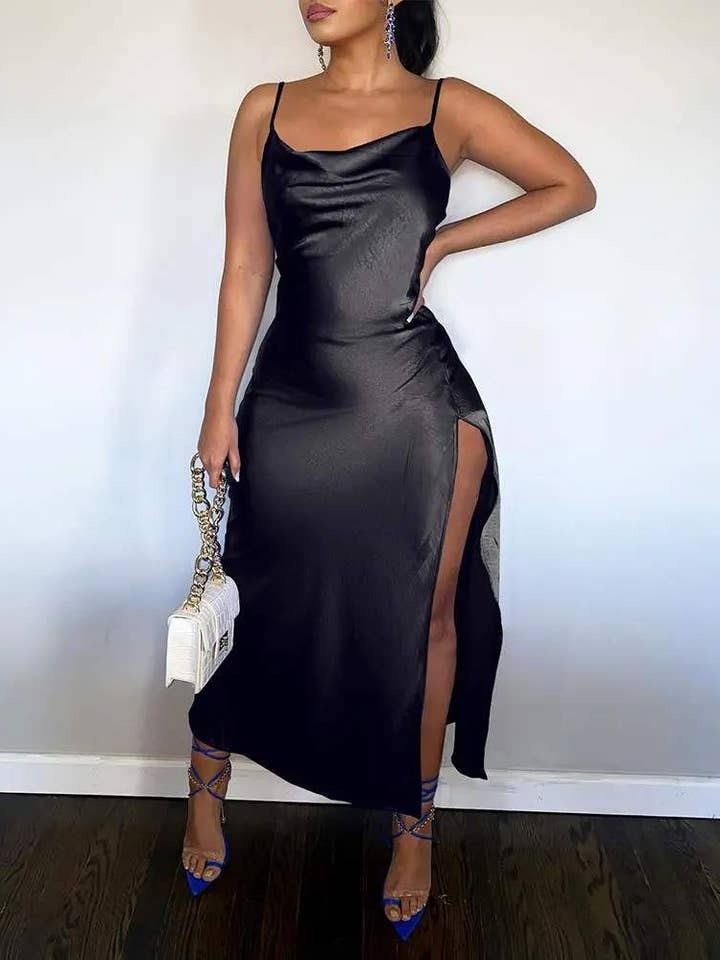 spaghetti strap high slit satin party dress for wholesale by Queen Fashion