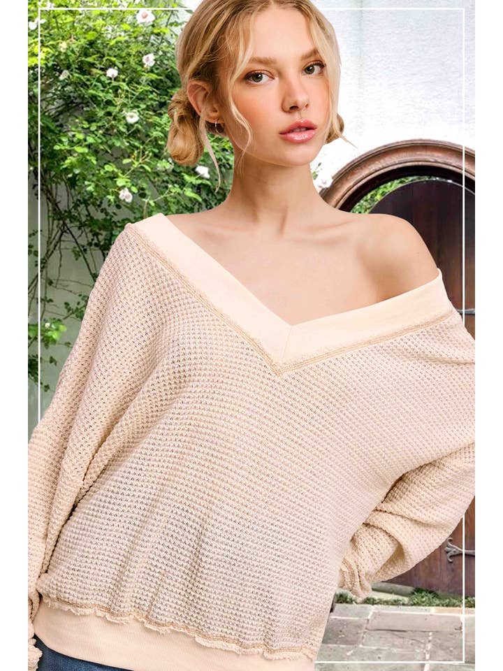 La Miel - Wholesale Knit Top - Women's - JLT7410-Loose Fit V-neck Waffle Textured Long Sleeve Top