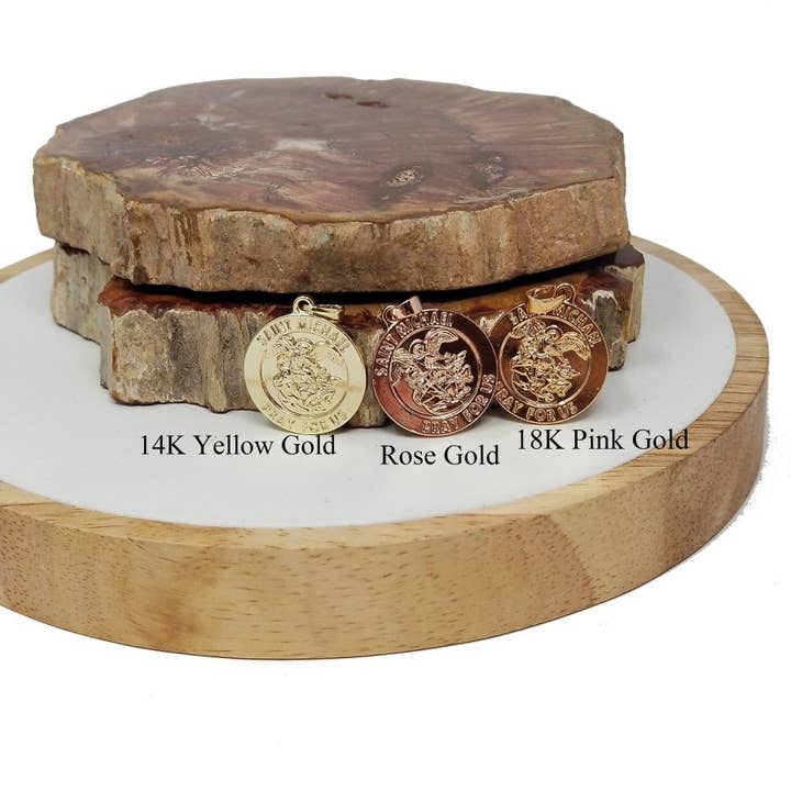 14K Gold Filled Dainty Saint Michael Round Coin Medallion Pendant Charm in Religious Catholic Charms Layer necklace H-211 for wholesale by Aim Eternal