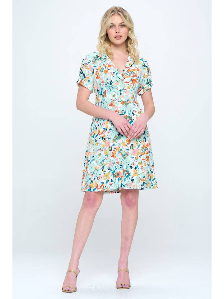 SM WARDROBE - Wholesale Dress - Women's - SPRING FLORAL PRINT BUTTON UP LIGHT GREEN DRESS WITH POCKETS2