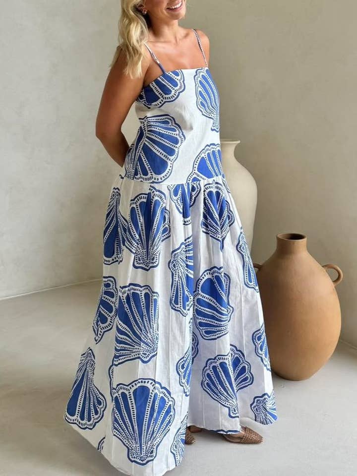 Ocean Scallops printed Drop waist strappy dress for wholesale by Rosa Clothing