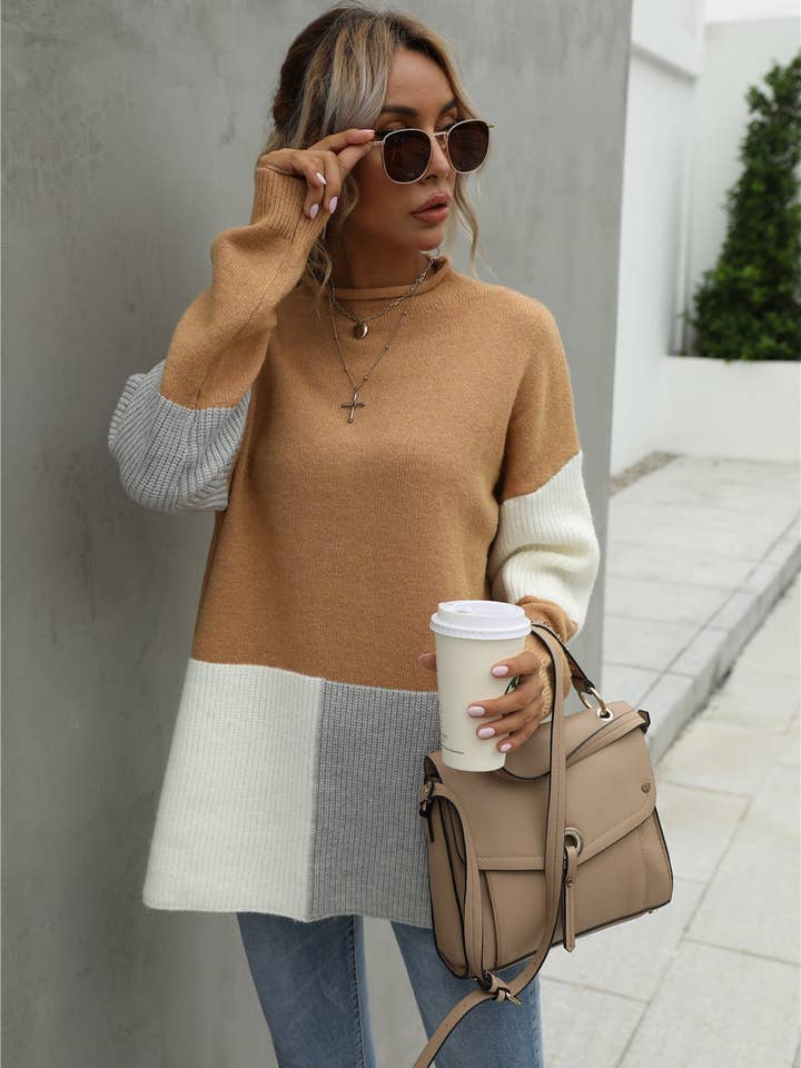 Color Block Round Neck Dropped Shoulder Sweater for wholesale by Beyond Apparel