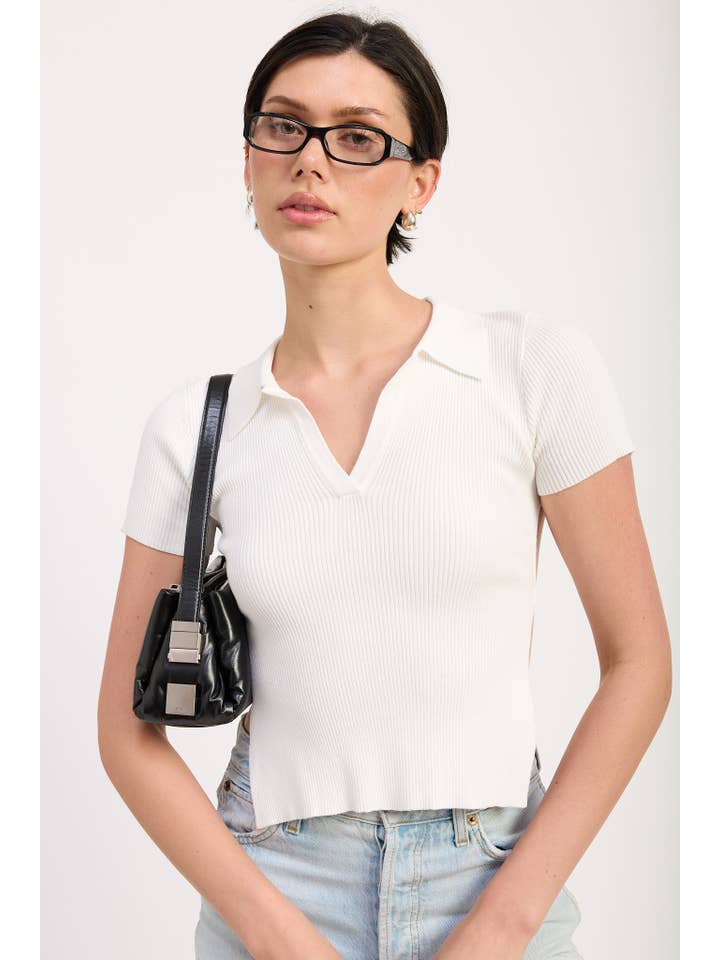 Emory Park - Wholesale Knit Top - Women's - COLLARED SHORT SLEEVE TOP WITH OPEN BACK