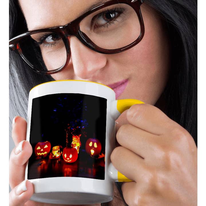 3dRose - Wholesale Coffee mug - 3dRose, Glow from Jack o Lanterns, Table with Spiders and Dark Flowers, Mug1