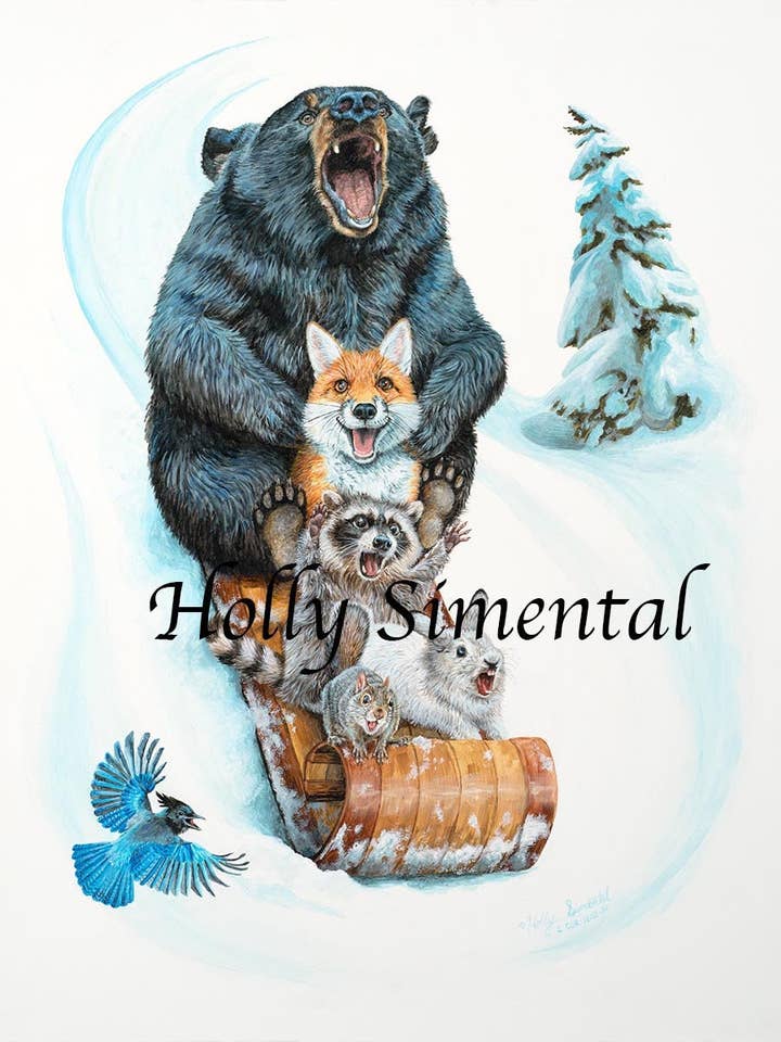 Animal Mountain Sledding Signed Art Print by Holly Simental for wholesale by Holly Simental