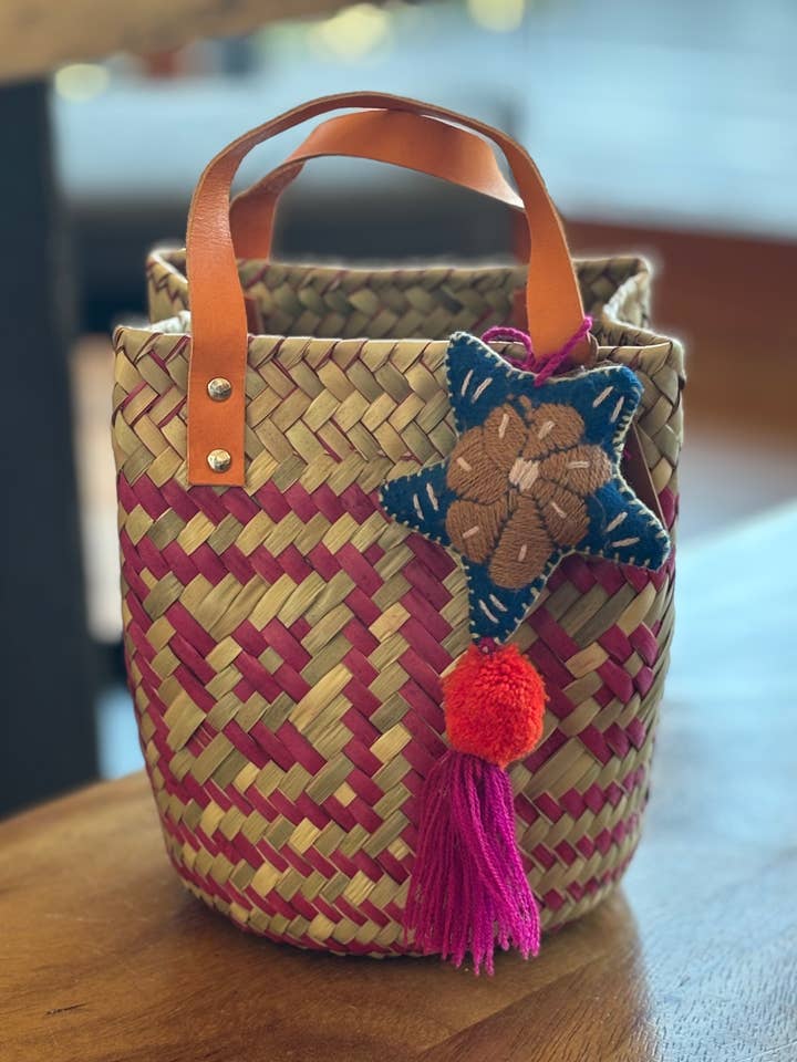 Mini Palm Purse - Natural and Magenta with Tassel for wholesale by Woven Mexico