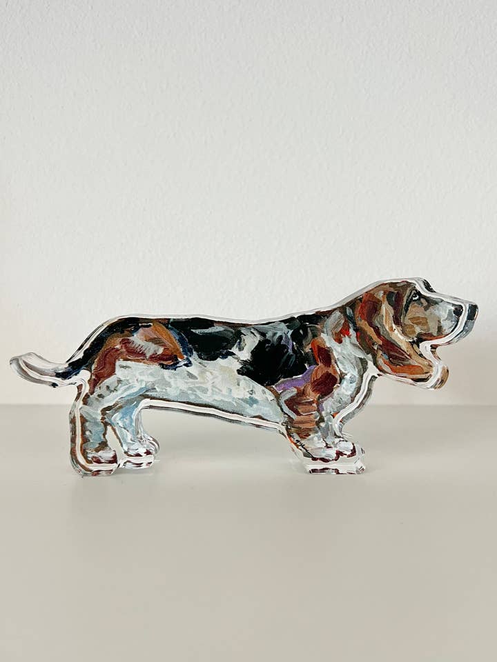"Basset Hound Tri" acrylic shelfie for wholesale by Chelsea McShane Art