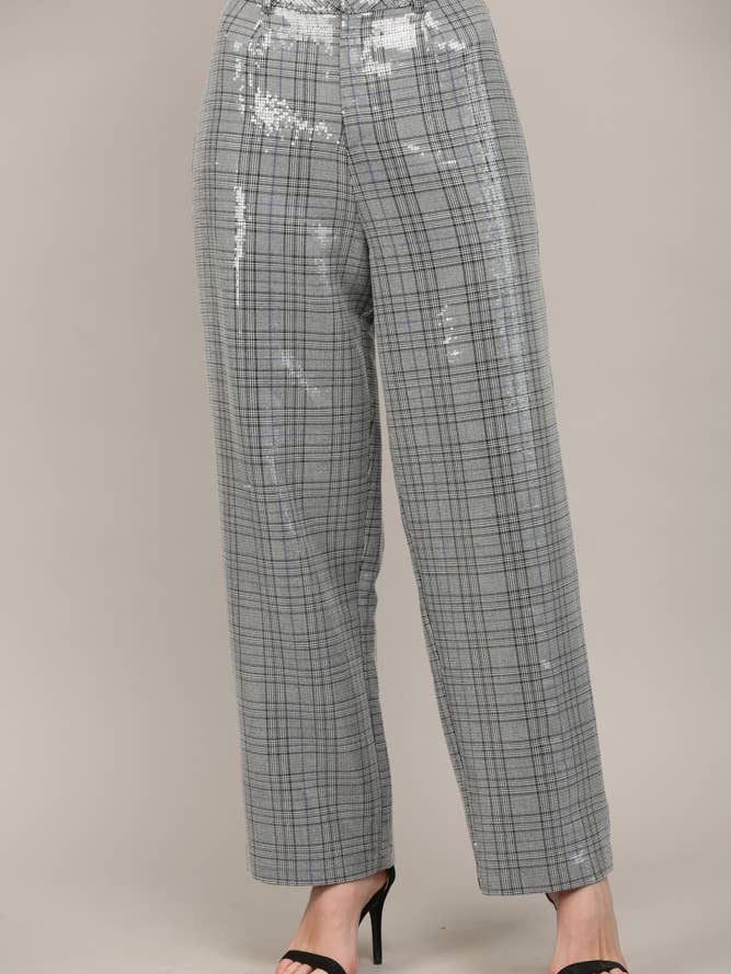 SEQUIN EMBELLISHED PLAID WIDE LEG PANTS FP63107 for wholesale by FATE