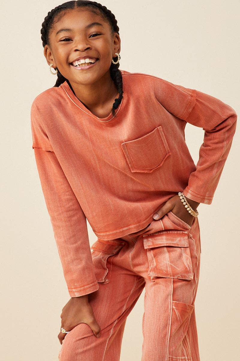 Hayden LA - Wholesale T-Shirt - Kids - Girls Washed Chest Pocket Long Sleeve Knit T Shirt6