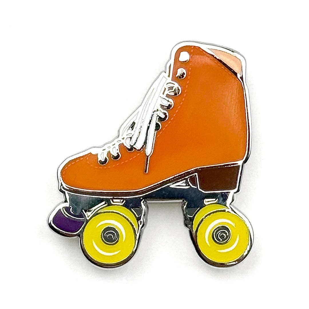 Smarty Pants Paper - Wholesale Lapel Pin/Button - Orange roller skate pin with glow in the dark wheels