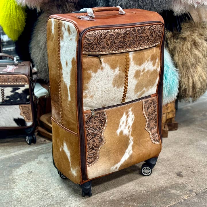 Western Linens - Wholesale Luggage - Tooled Cowhide Rolling Luggage XL