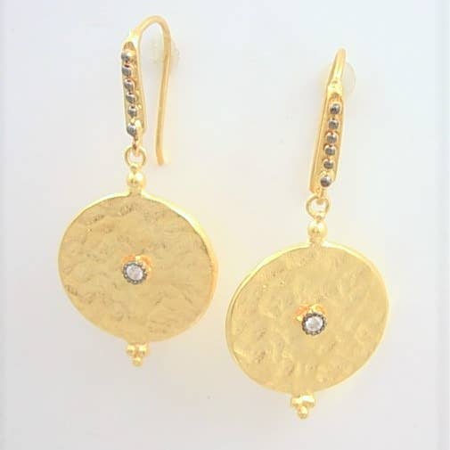 AJS Design Studio - Wholesale Dangle Earrings - Hammered disc earrings with cubic zirconia accent