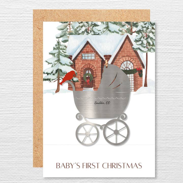 Baby Pram Ornament- Baby's First Christmas 5x7 Greeting Card for wholesale by Authenticaa