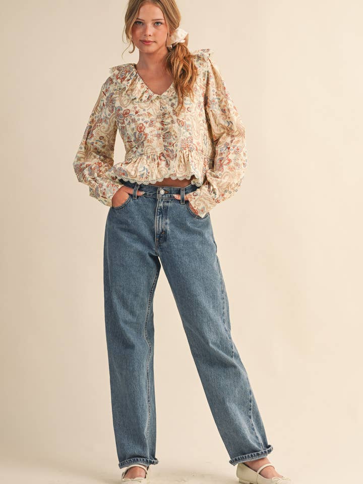 &MERCI - Wholesale Blouse - Women's - PAISLEY PRINT LACE TRIM QUILTED TOP MTP41498