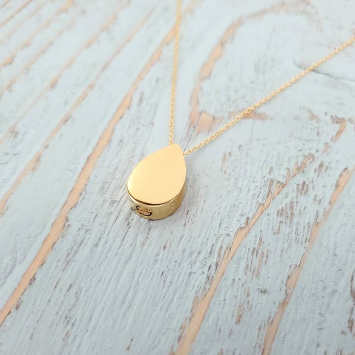 Just Vial - Wholesale Pendant/Charm Necklace - Tiny Gold Tear Drop Cremation Ash Urn Pendant Necklace -Gold Stainless Steel - Pet Remains - Memorial Keepsake - Custom Engraved Gift