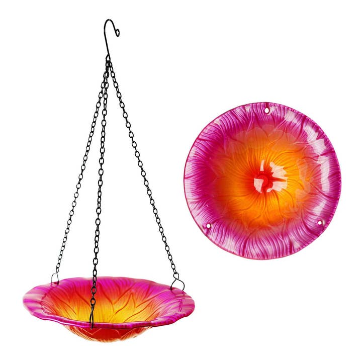 Hanging Bird Bath Bird Feeder 8 IN Pink Flower Garden Decor for wholesale by G128