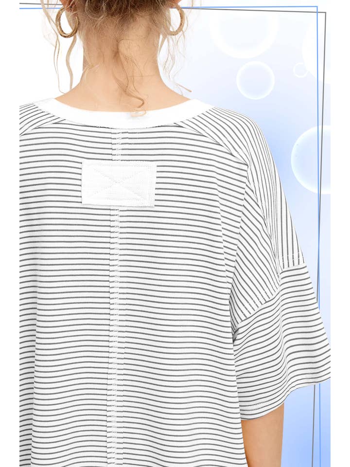 La Miel - Wholesale T-Shirt - Women's - HDT7703-Basic Striped Drop Shoulder Short Sleeves Top