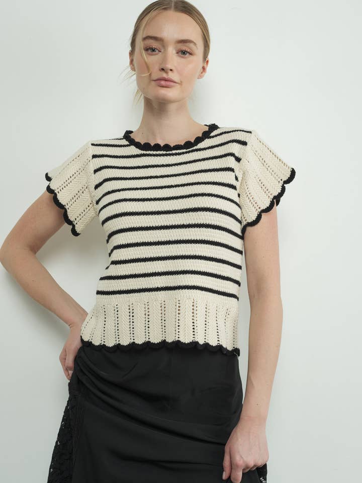 MAS3129 STRIPED CROCHET S/S SWEATER for wholesale by Aaron & Amber
