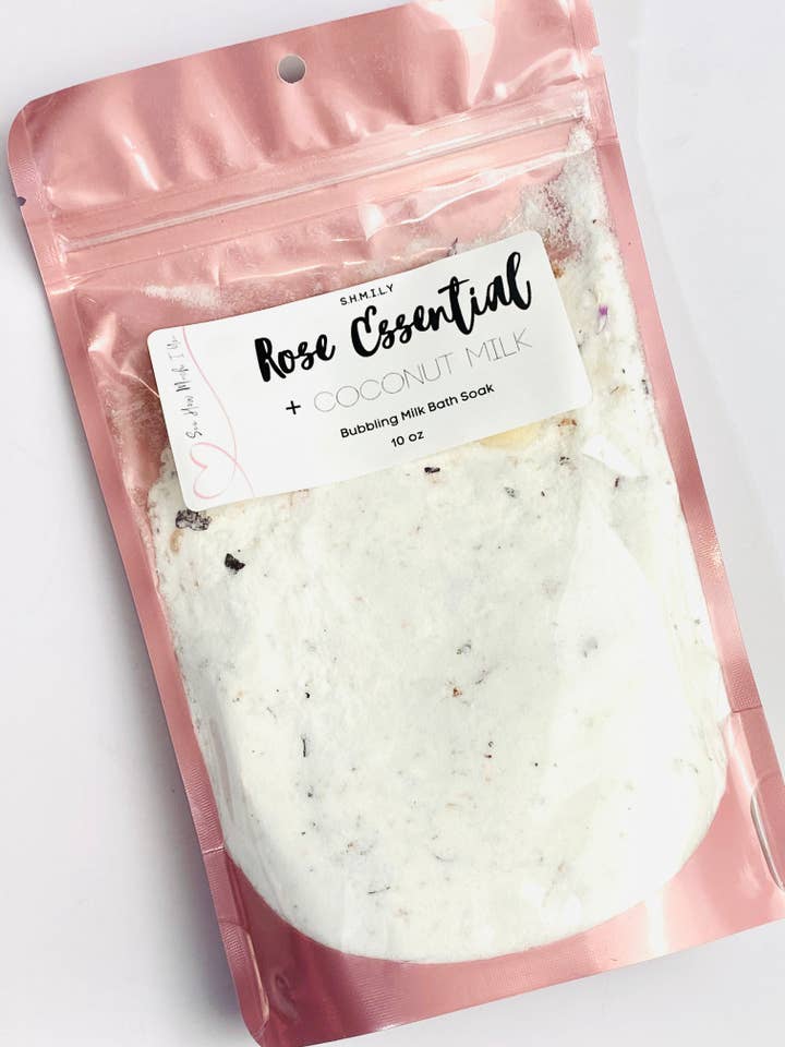 BUBBLING COCONUT MILK BATH SOAK 10 oz- ROSE ESSENTIAL for wholesale by S.H.M.I.L.Y. SOAP
