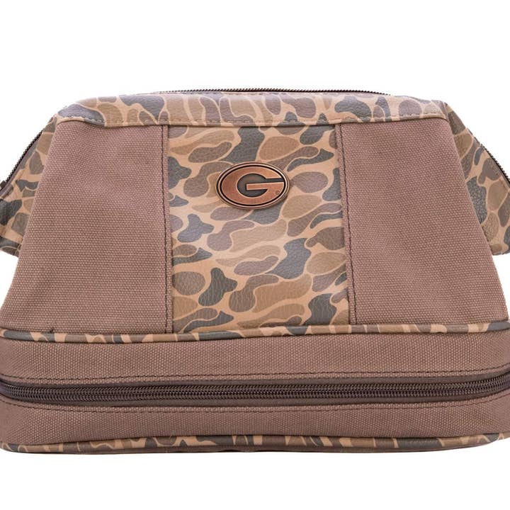 Brown Tan Georgia Bulldogs Camo Canvas Toiletry Bag. for wholesale on Faire1
