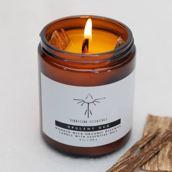 “Opulent Oud” Organic Beeswax Candle for wholesale by Transcend Essentials