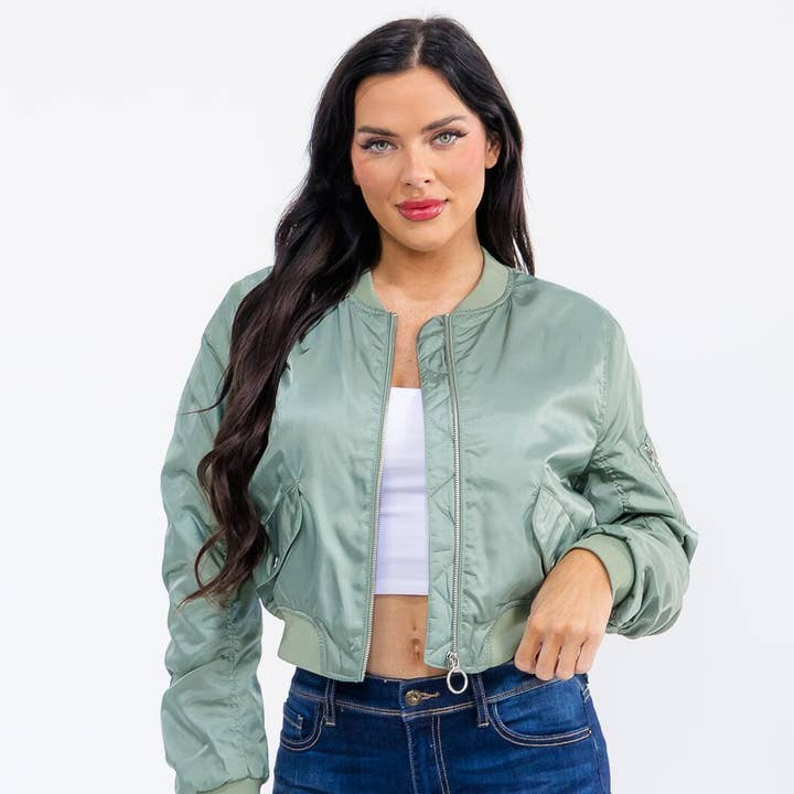 80132JN- Solid dragkedja rynkad långärmad bomberjacka för wholesale av IWT Brands