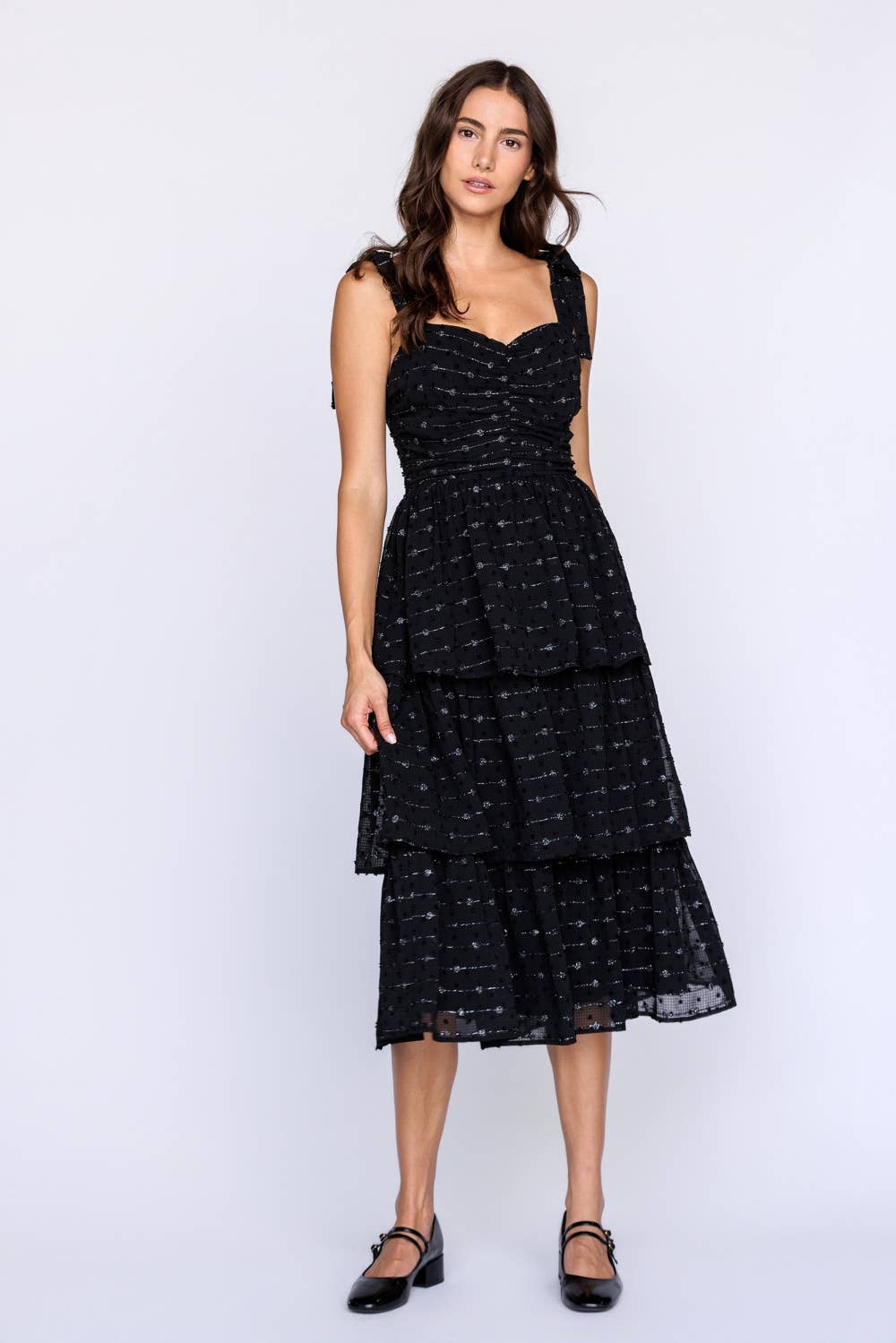 BLACK SILVER JD7776-TIERED RUCHED MIDI DRESS for wholesale on Faire2