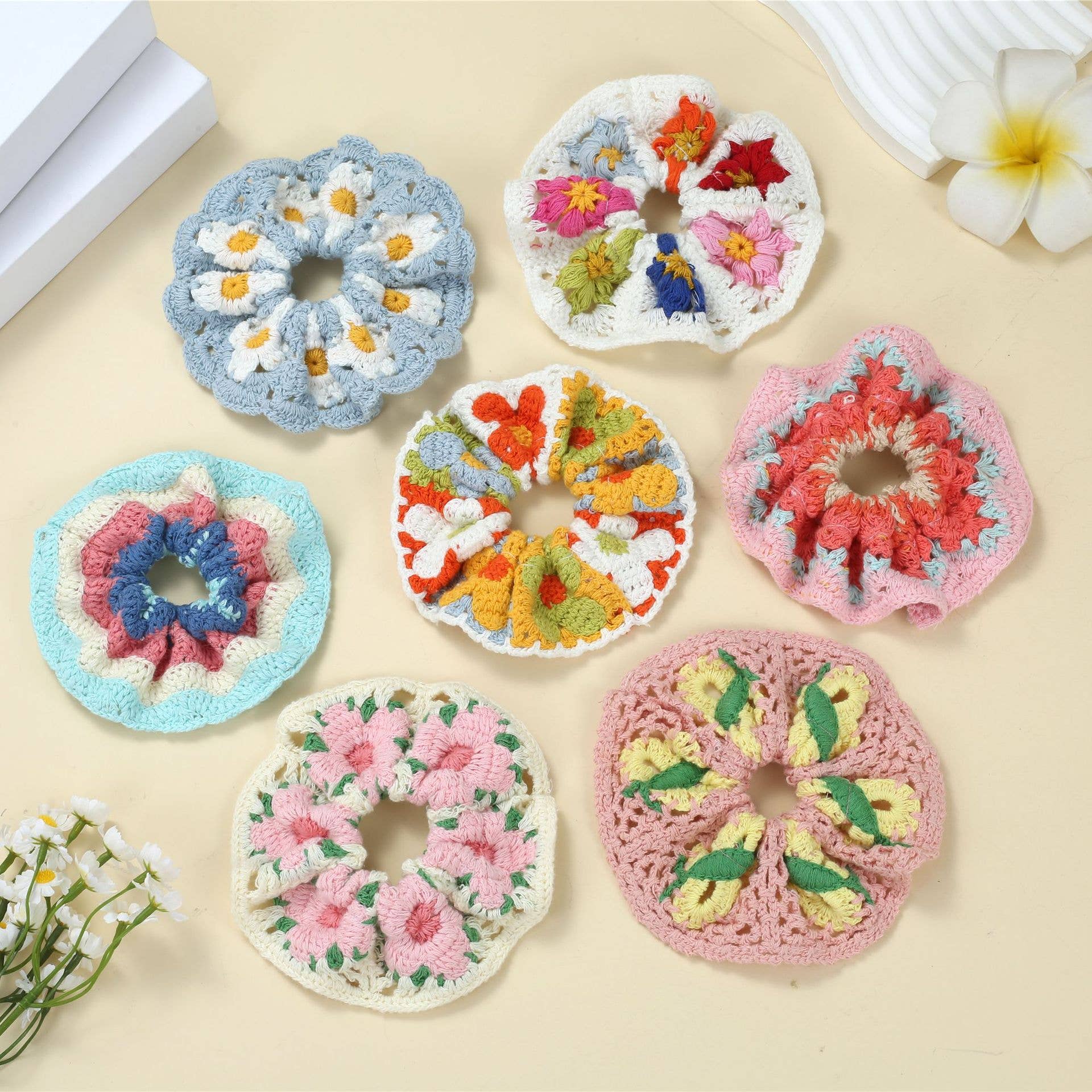 Tourtiwi - Wholesale Scrunchie - Women's - Boho Colorful Handmade Crochet Flower Hair Tie10