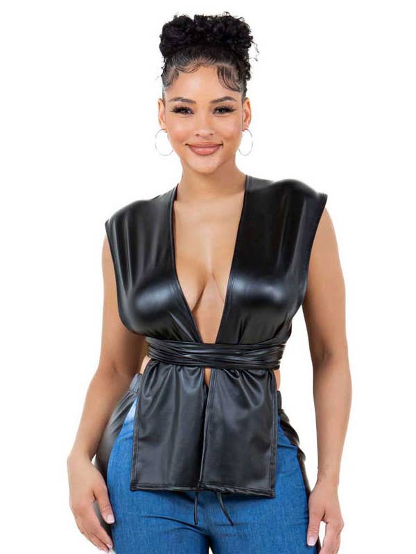 Yellow Cabbage - Wholesale Blouse - Women's - YT3293 FAUX LEATHER TIE BELT STRAP SLEEVELESS TOP1