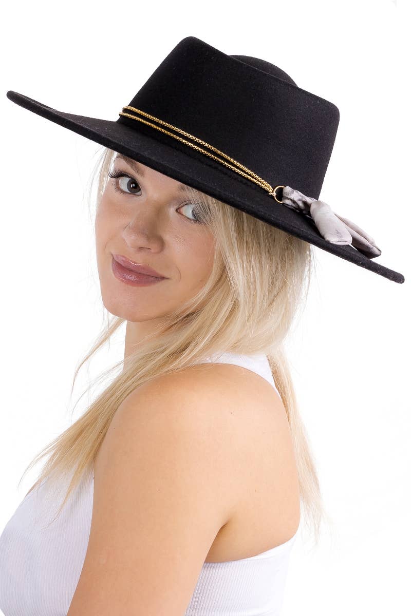 Cap Zone - Vendita all'ingrosso Fedora - Donna - Cappello rancher bolero in lana sintetica con nastro piccolo, catena oro e tesa larga8