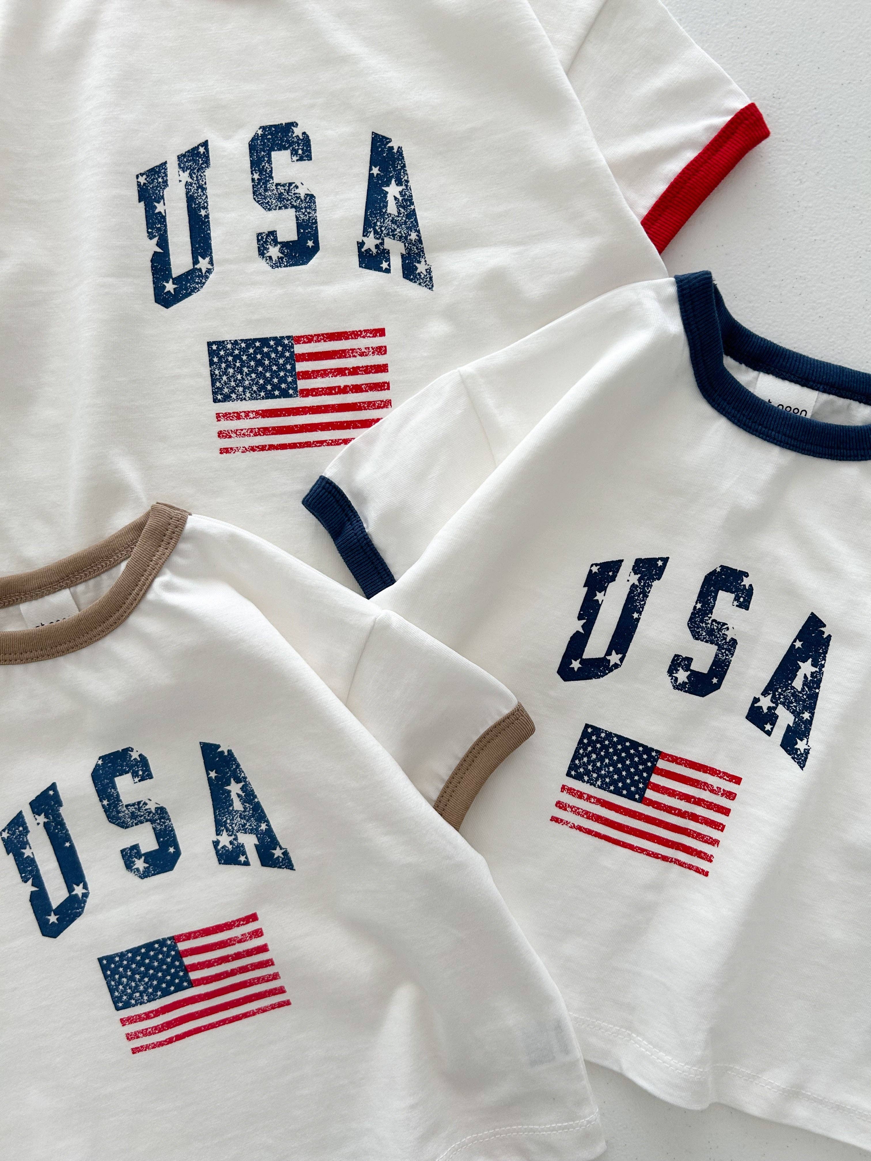 At Noon - Wholesale Top en short set - Kinderen - [At Noon Original Design] Kinderen Vintage Print USA Ringer T-shirt en Shorts Set (8m-7j) - 3 Kleuren6