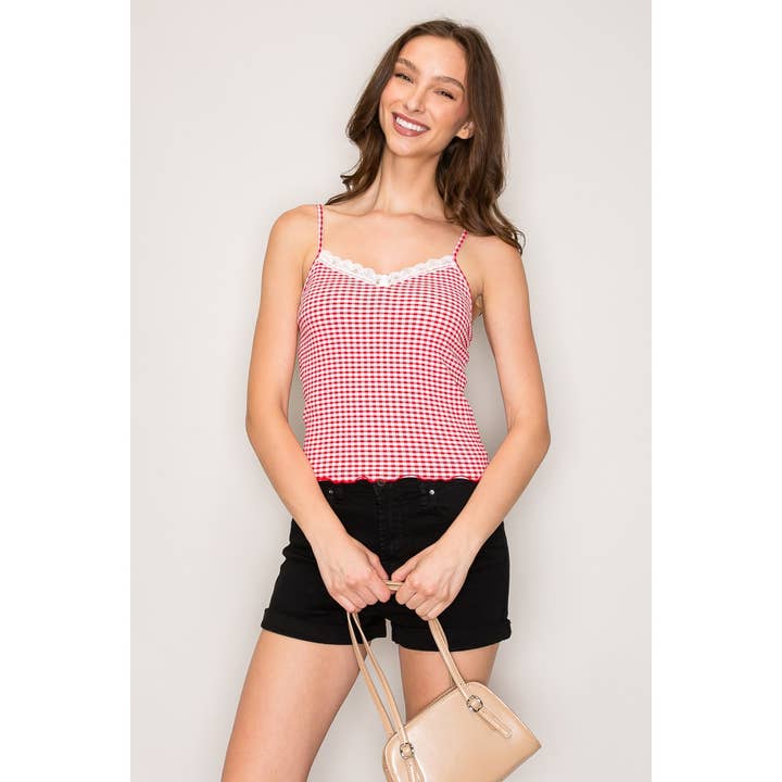 Gingham Seersucker Cami Top with Merrow hem and Lace Trim for wholesale by Popular 21