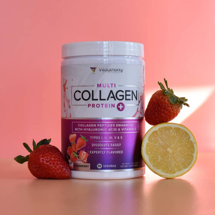 Vitauthority - Vente Supplément oral/vitamine - Poudre de Protéines Multi-Collagène : Fraise, Santé des Os et de l'Intestin